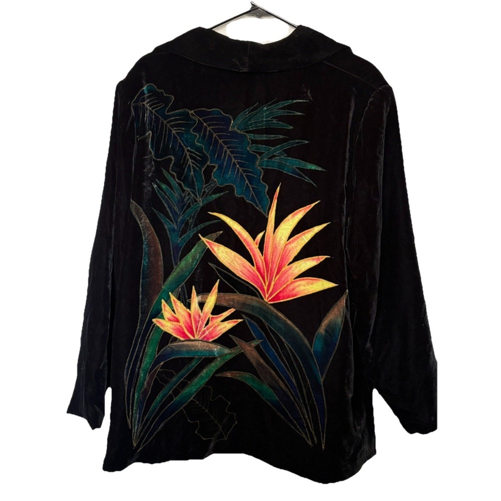 Vintage XL Black Velvet Flower Jacket Artsy Lagenlook Floral Velour Boho Whimsy
